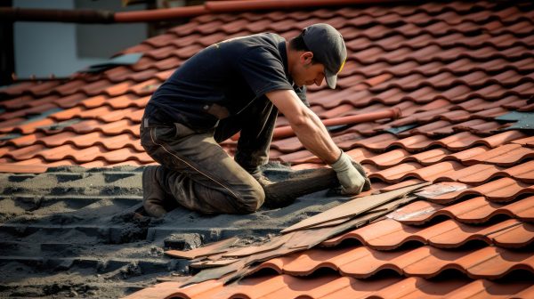The master repairs the roof tiles of the house
